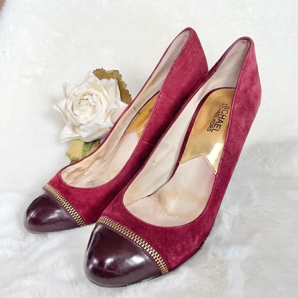MICHAEL KORS LEATHER-SUEDE RED BURGUNDY 3 3/4” ROUND TOE HEELS w/Brass hardware - Picture 1 of 11